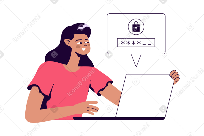 Woman enters a password on a laptop Illustration in PNG, SVG