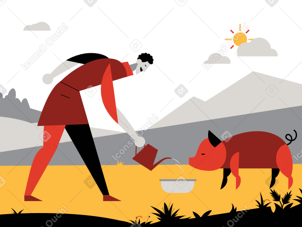 Farmer giving a drink to a pig PNG, SVG