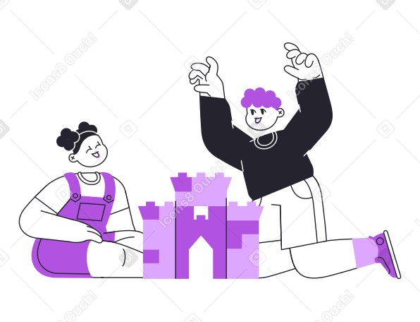Boy and girl playing with construction set PNG, SVG