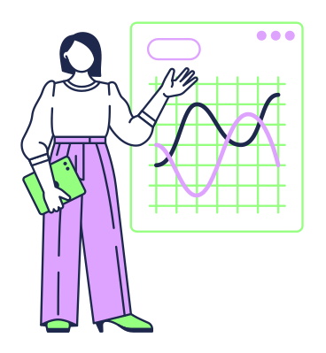 Woman giving presentation with curved line graph PNG, SVG