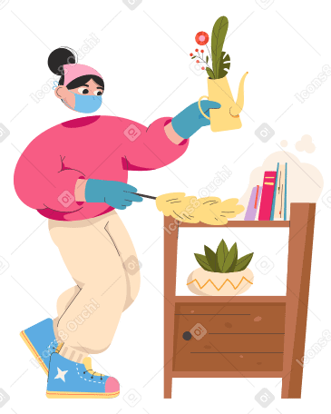 Woman in a mask is cleaning and brushing dust off a shelf of books and flowers Illustration in PNG, SVG