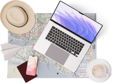 Top view of laptop, map, hat, passport, smartphone, plane and cup PNG, SVG