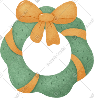 Green christmas wreath with yellow ribbon and big yellow bow PNG, SVG