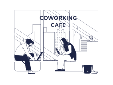ヒジャーブの女性とラップトップを持った男性がコワーキングカフェで働いています PNG、SVG