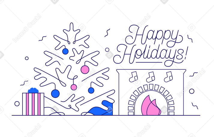 Lettering Happy Holidays with Christmas Tree and fireplace  Illustration in PNG, SVG