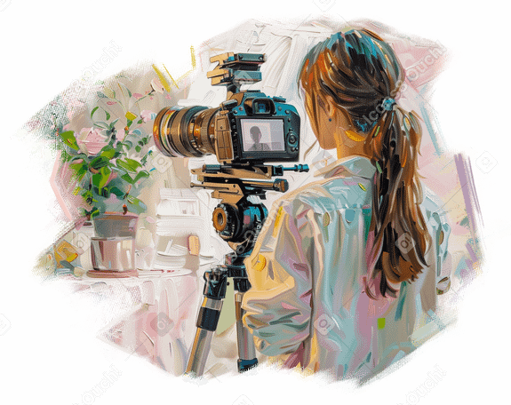oil painting of a woman filming a vlog PNG, SVG