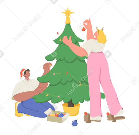 Pessoas decorando uma árvore de natal PNG, SVG