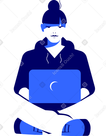 girl sitting cross-legged with a laptop PNG, SVG