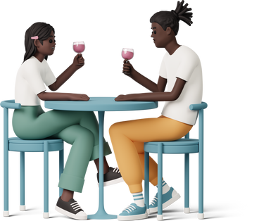 young girl and boy sitting at the table and drinking vine PNG, SVG