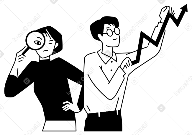 Mujer buscando y hombre sosteniendo un gráfico PNG, SVG