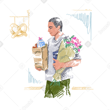 Молодой человек покупает продукты и цветы в PNG, SVG