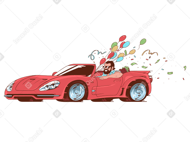 Un uomo alla guida di un'auto sportiva rossa da cui escono palloncini PNG, SVG