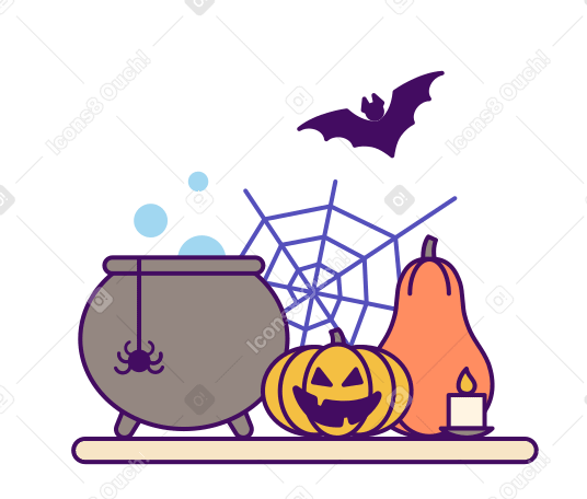 Abóboras, teia de aranha e caldeirão como decoração de halloween PNG, SVG