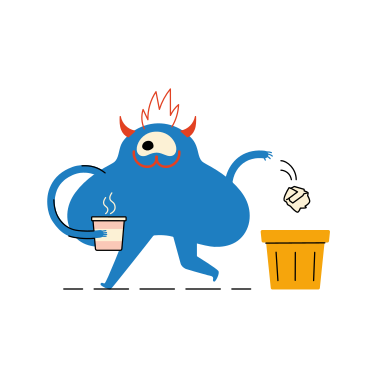 Character with a cup of coffee throws a piece of paper into the trash PNG, SVG