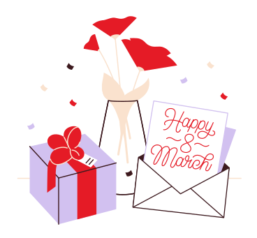 Schriftzug „happy eighth march“ mit blumen- und geschenkbox PNG, SVG