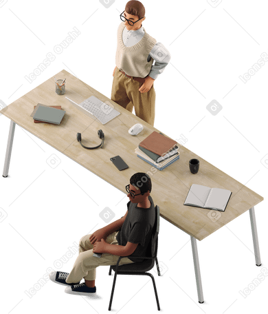 3D two young men working at a common table PNG、SVG