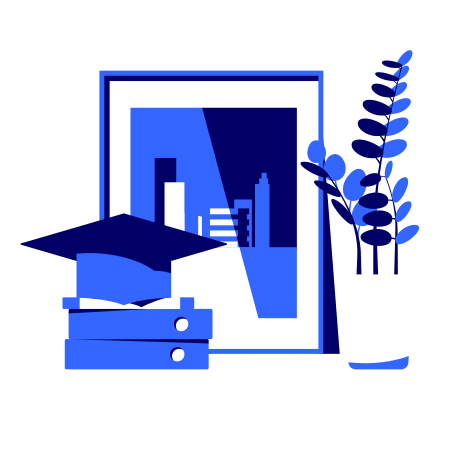 Graduate's hat, books, a poster with a picture of a modern city and plants in a vase on the desk Illustration in PNG, SVG