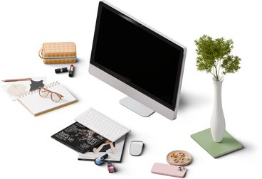 Isometric view of desk with smartphone monitor and fashion magazines в PNG, SVG