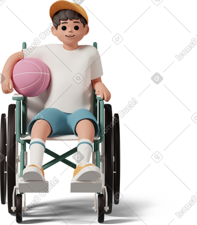 3D boy in wheelchair holding basketball ball PNG, SVG