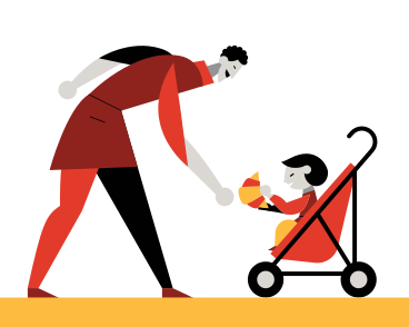 Man giving a croissant to a child in a stroller PNG, SVG