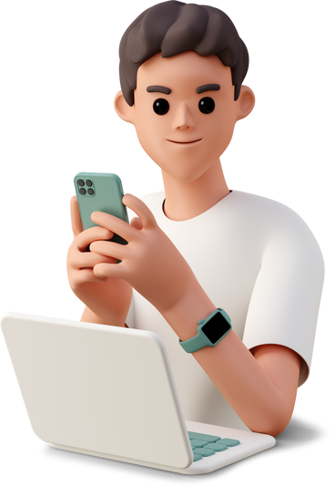 young man with phone using laptop PNG, SVG