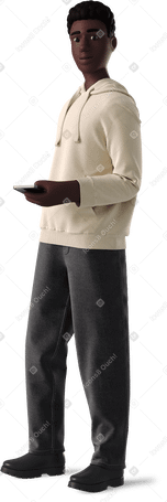 3D black man in casual clothes holding phone PNG, SVG