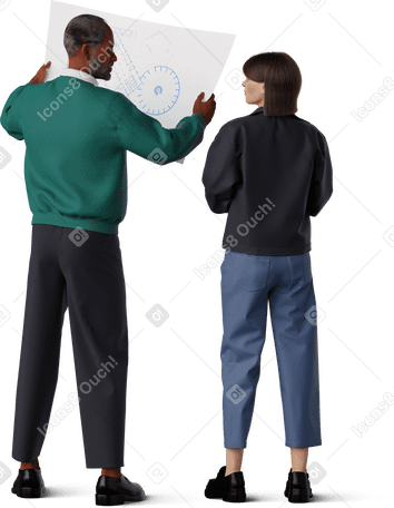 3D man and young woman looking at blueprint PNG, SVG