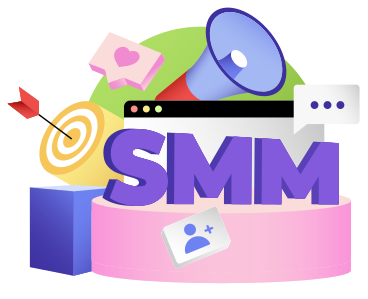 Надпись smm с мишенью, знаками социальных сетей и текстом в мегафоне в PNG, SVG