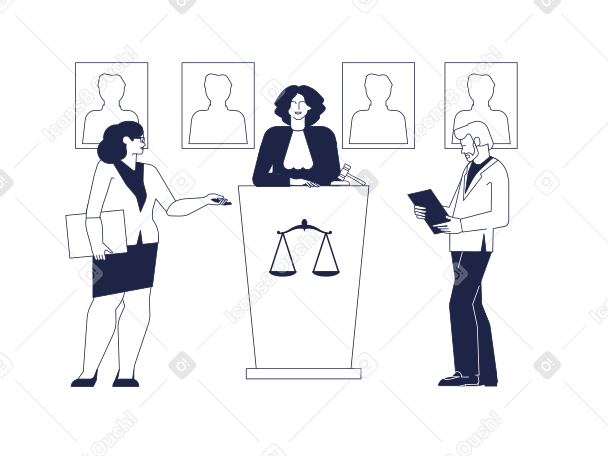 Female judge and two lawyers in courtroom Illustration in PNG, SVG