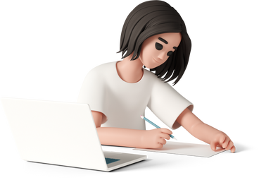 young woman at work with laptop and writing PNG, SVG