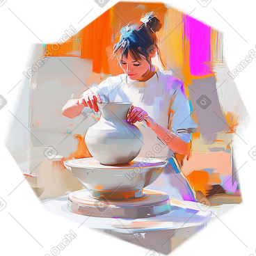 陶轮上制作粘土花瓶的油画 PNG, SVG