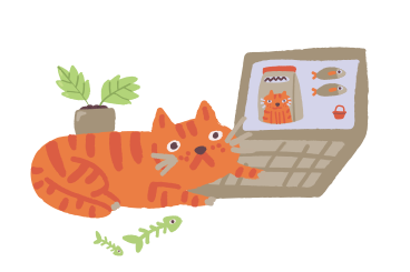 Cat ordering fish on laptop PNG, SVG