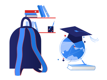 Globe in a graduation hat next to a backpack against the background of bookshelves PNG, SVG