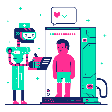 Robot doctor examines a man in a medical tube PNG, SVG