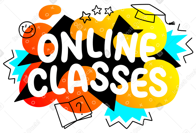 Online classes lettering colorful with doodles Illustration in PNG, SVG