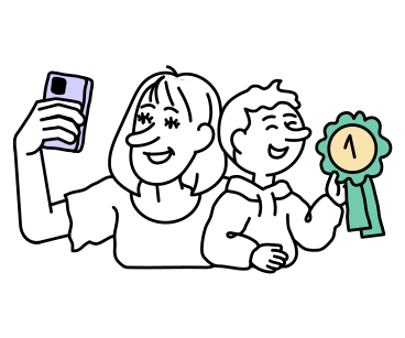 Woman and her son taking selfies with an award PNG, SVG