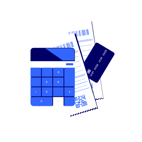 Calculator of modern design, two supermarket billing checks and bank plastic card Illustration in PNG, SVG