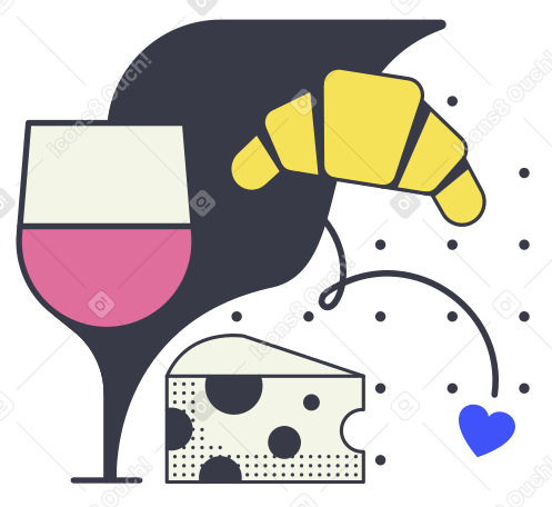 Французская кухня. бокал вина, сыр и круассан в PNG, SVG