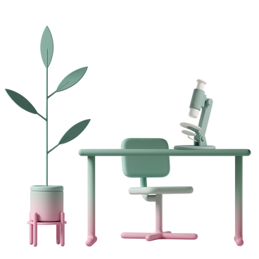 책상 위에 키가 큰 화분, 의자, 현미경이 있는 작업 공간 PNG, SVG