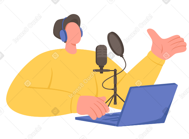 Ilustração animada de Homem com microfone hospedando um podcast em GIF, Lottie (JSON), AE