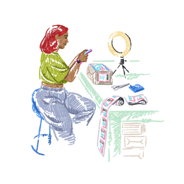 A woman taking pictures of packaged goods PNG, SVG