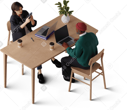 3D isometric view of young woman taking picture of man working on laptop PNG、SVG