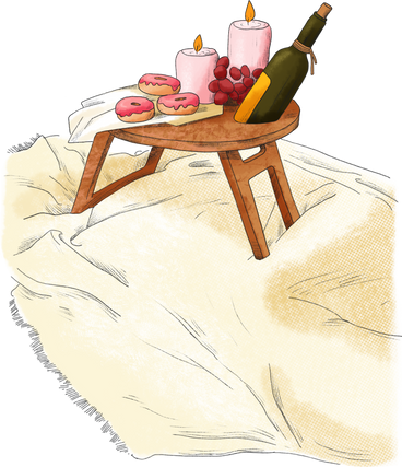 Wooden table with sweets and wine on the bedspread PNG、SVG