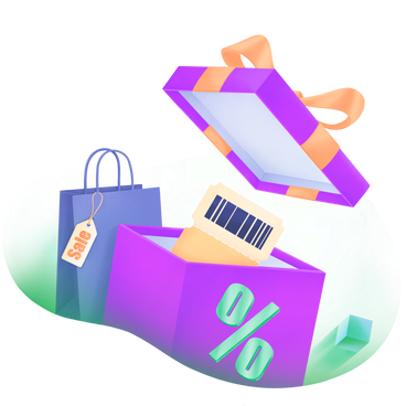 Paquete con cupón de descuento y bolsa de compras con etiqueta de oferta. PNG, SVG