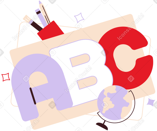 Letras abc! com estrelas, copo de lápis e texto de globo PNG, SVG
