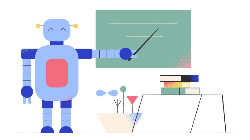 Robot teacher by the blackboard  Illustration in PNG, SVG