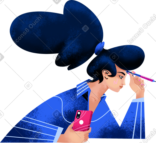 woman in a blue shirt with a phone and a pen PNG, SVG