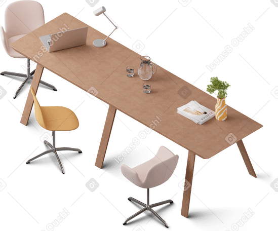 3D isometric view of office desk with chairs, laptop and magazines PNG, SVG