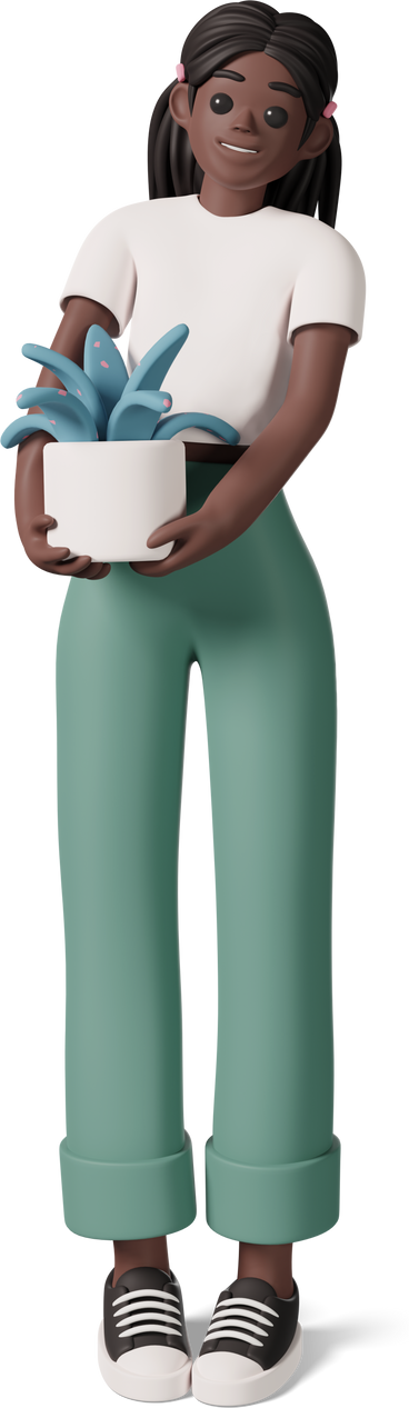 black girl smiling and holding plant in white pot PNG, SVG