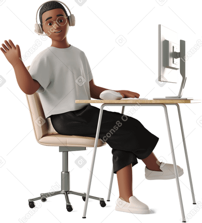 3D young woman waving her hand while sitting at the computer PNG, SVG